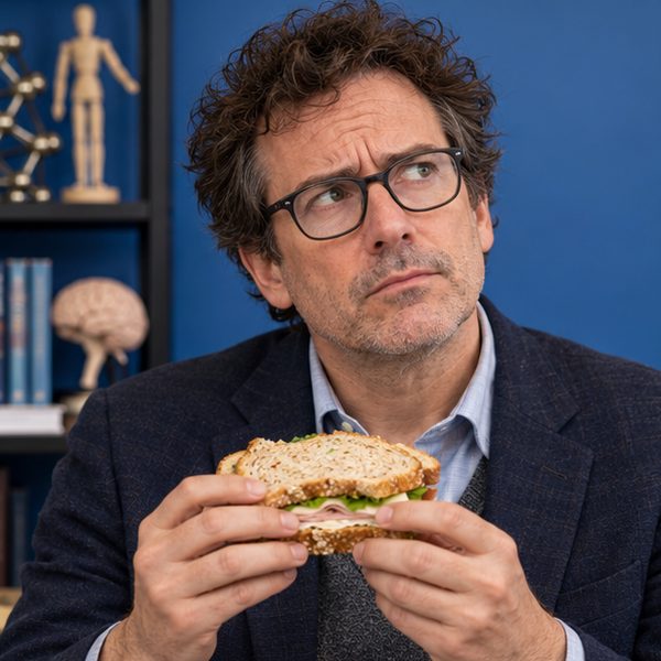 Portrait of Prof. Daniel Price, holding a sandwich and looking skeptical