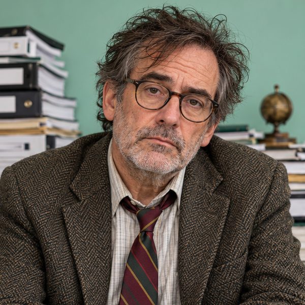 Portrait of Dr. Martin Vale, a weary man in a tweed jacket in front of stacked binders